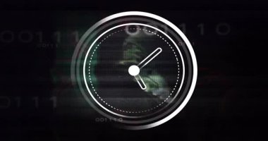 Noktalı halka daireler çiziyor, saati döndürüyor ve dünyayı ikili zemin üzerinde döndürüyor. Zamanı görselleştiriyor. Teknoloji, yenilik, dijital, fütüristik, bağlantı, veri, soyut