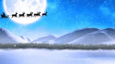 Noel Baba 'nın kızak sürüşü ve dağların üzerinden kar yağışı Ay ve gökyüzüne karşı ağaçlar. Dijital olarak üretilmiş, hologram, noel şenliği, vektör, gelenek, kutlama, kış tatili konsepti.