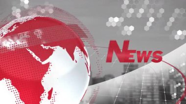 Şehir manzarası üzerinden haber metninin ve dünyanın animasyonu. Küresel iş ve veri işleme kavramı dijital olarak oluşturulmuş video.