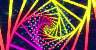 Neon şekillerin üzerindeki yeşil noktaların ve siyah zemin üzerindeki ışık izlerinin animasyonu. Soyut arkaplan, desen ve ışık konsepti dijital olarak oluşturulmuş video.