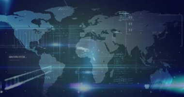 İkili kodların animasyonu, profil simgeleri, grafikler, harita üzerinde programlama dili. Dijital olarak üretilmiş, hologram, küresel, kodlama, rapor, finans, makine öğrenme ve teknoloji kavramı.