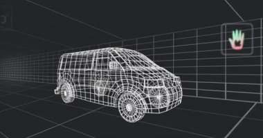 Çeşitli simgelerle hareket eden minibüs çiziminin animasyonu görünür. Küresel otomobil endüstrisi mühendisliği bağlantıları ve dijital olarak üretilen video konsepti.