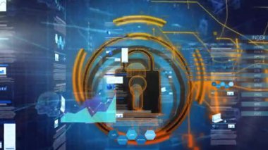 Ağ, veri akışını sağlarken asma kilit döndürme halkası ve kaydırma çizelgeleri fırlatılıyor. Siber güvenlik, veri, teknoloji, dijital, ağ, analitik, yenilik