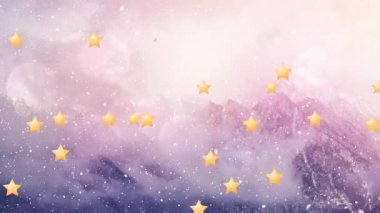 Dağlardan ve kış manzarasından düşen kar taneleri ve altın yıldızların animasyonu. Noel, kış, gelenek ve kutlama konsepti dijital olarak oluşturuldu.