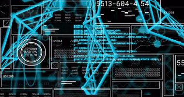 Fırlatma neon mavi ağında ölçü değerleri yükselirken, paneller görsel veri akışını döndürüyor. Siber uzay, veri görselleştirme, dijital arayüz, fütüristik, teknoloji, ağ, analitik