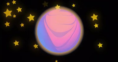 Pembe-mavi eğimli gezegenin yörüngesinde dönen altın yıldızlar dönüş için kayıyor. Kozmos, gök, nebula, astral, fütüristik, soyut, uzay keşfi