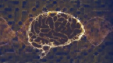 3 boyutlu insan beyninin animasyonu, bilgisayar grafiğindeki soyut kalıpların DNA 'sı. Dijital bileşik, biyoteknoloji, fikirler, bilim, fütüristik, yapay zeka.