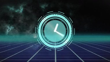 Siyah ve mavi dijital alan üzerindeki saatin animasyonu. Veri işleme, dijital arayüz ve teknoloji konsepti dijital olarak oluşturulmuş video.