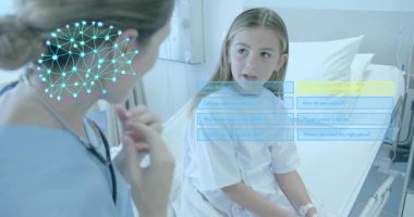 Doktor steteskopu kulaktan kulağa hareket ettiriyor. Çocuk gözetlemede AI 'ın bisiklet tavsiyelerine neden oluyor. Pediyatrik, sağlık, teknoloji, yenilik, tıbbi, dijital, tanı