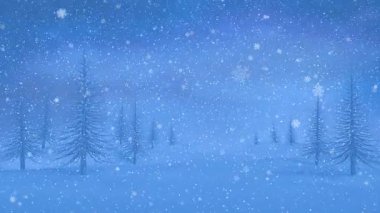Animation of snowflakes and snow falling over winter forest. Winter, christmas and celebration concept digitally generated video.