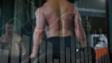 Animation of statistics and data processing over fit caucasian man exercising with weights. Sports, exercise, fitness and data processing concept digitally generated video.