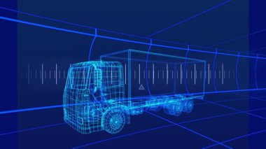 Dijital uzayda kamyon projesinin animasyonu. Otomotiv, araba tasarımı ve teknoloji konsepti dijital olarak oluşturulmuş video.