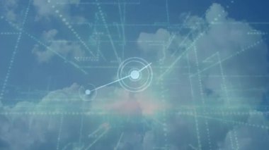 Animation of network of connections and light trails over plane flying in the sky. Global networking and aviation business technology concept