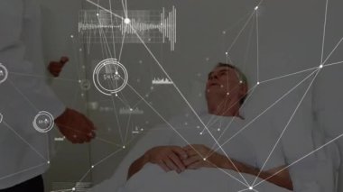 Ev modeli üzerinden bağlantı ağının animasyonu. Küresel teknoloji dijital arayüz ve bağlantılar konsepti dijital olarak oluşturuldu.