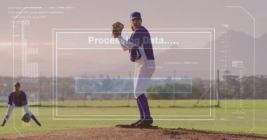 Dünya haritası animasyonu ve spor stadyumunu elinde tutan rugby oyuncusu üzerinde işlem. Spor fitness ve yarışma konsepti.