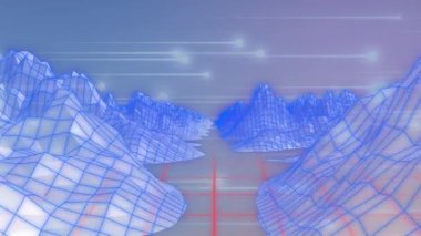 Işık yollarının üzerindeki dijital dağların ve mavi arkaplandaki noktaların animasyonu. Soyut arkaplan, ışık ve hareket kavramı dijital olarak oluşturulmuş video.