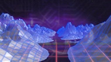 Şebeke ve dijital dağların üzerinde parlayan mavi dağların animasyonu. Video oyunu tıbbi araştırma bağlantıları ve dijital olarak oluşturulmuş eğlence konsepti.