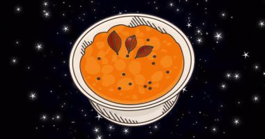 Havada uçuşan kase darbeleri ve kozmik yemek sahnesini aydınlatan yıldız sahası parıltıları. Fantezi, gerçeküstü, minimalist, soyut, göksel, organik, enerji