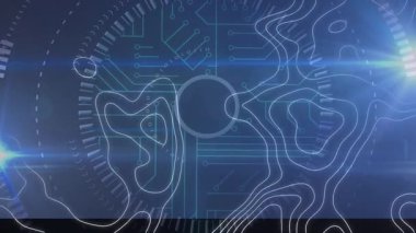 Dijital arayüzdeki soyut şablon ile Hud işleminden geçen ışığın animasyonu. Dijital bileşik, yapay zeka, bulut hesaplama, teknoloji, veri.