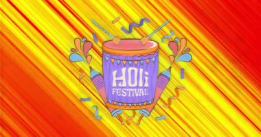 Holi davullarını çalan çapraz çizgiler soluyor, bagetler zıplıyor, konfetiler Holi 'yi kutluyor. Canlı, neşeli, soyut, dinamik, renkli, neşeli, enerjik.