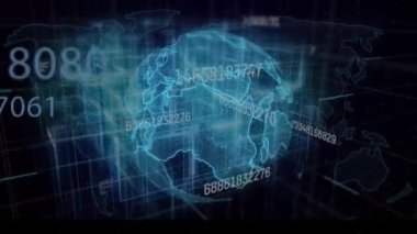 Animation of globe with numbers on futuristic digital interface. Digital composite, artificial intelligence, global communication, technology, finance, networking, data processing.