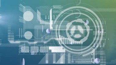 Yeşil ve mavi dijital ekrandaki çeşitli veriler üzerinden çember işleme animasyonu. Veri işleme ve teknoloji konsepti dijital olarak oluşturulmuş video.