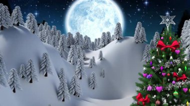 Kış manzarası boyunca yılbaşı ağacı animasyonu. Noel, gelenek ve kutlama konsepti dijital üretilmiş video.