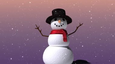 Kardan adamın üzerine düşen kardan adam ve kış manzarasının animasyonu. Noel, gelenek ve kutlama konsepti dijital olarak oluşturuldu.