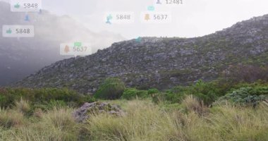 Dağ çimlerinde gezinen ve çiftlerin etrafında dolaşan sosyal medya ölçümleri başlatan bir kadın. Macera, keşif, açık hava, doğa, fitness, aktivite, manzara