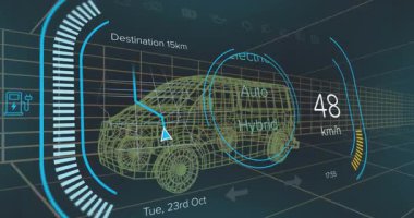 Hız Hud verisi olan animasyon minibüsü. Dijital arayüz teknolojisi ve ağ konsepti dijital olarak oluşturuldu.
