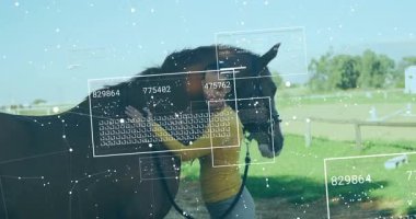 Beyaz atlı bir kadın üzerinde veri işleme animasyonu. Küresel iş, hayvanlar ve dijital arayüz kavramı dijital olarak oluşturulmuş video.
