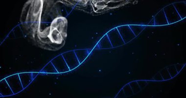 Helix 'in ortaya çıkması döngü kaymasını tetikler ve beyaz parçacıklar girdap oluşturarak moleküler bağlanmayı gösterir. Fütürist, soyut, dijital, bilim, yenilik, görselleştirme, teknoloji