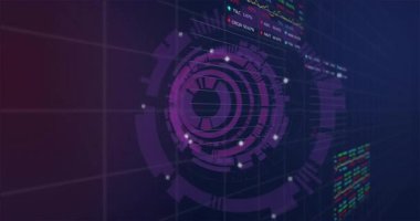 Başlangıçta mor halkalar hisse senedi verilerini göstermek için yüzdeleri döndürür ve genişletir, izler ve günceller. Fütüristik, veri görselleştirme, soyut, neon, dijital, yüksek teknoloji, hareket grafikleri