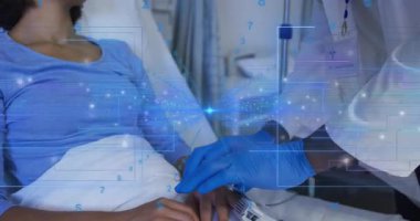 Doktor serum onarımı başlatılıyor. Serum sondasını inceliyor ve tuzlu suyu sağlık veri grafikleriyle hazırlıyor. Tıbbi, sağlık, klinik, teşhisler, yaşam belirtileri, hasta bakımı, tıbbi ekipmanlar