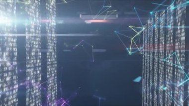Dijital arayüzdeki noktaları finansal verilere bağlayan ağın animasyonu. Dijital bileşik, teknoloji, yapay zeka, bağlantı, geliştirme, veri, kodlama, iş, ağ oluşturma.