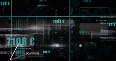 Büyüyen çubuk ve çizgi grafikleriyle grafiksel bilgi arayüzünün animasyonu. Dijital olarak üretilmiş, çoklu pozlama, veritabanı, iş, büyüme ve gelecekçi kavram.