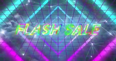 Sarı soyut arkaplanda satılık metnin animasyonu. Perakende ticaret iletişim ağı ve dijital arayüz konsepti dijital olarak oluşturulmuş video.