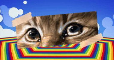 Çizgi film gökyüzü ile başlıyoruz. Kağıt grafiği tekir kedinin göz kırpan göz kırpma döngüsünü gösteriyor. Animasyon, sürrealizm, neşeli, canlı, karakter, fantezi, görsel metafor