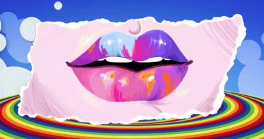 Mavi gökyüzü, gökkuşağı tabanlı resim sanatında boyalı dudakları açığa çıkaran kağıt çerçeveyi ortaya çıkarmakla başlıyor. Soyut, renkli, canlı, sanatsal, oyuncu, dijital, kaprisli