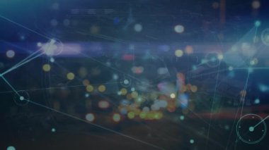 Gece şehir trafiğine karşı bağlantı ağının animasyonu. Küresel ağ ve iş teknolojisi kavramı