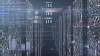Animation of data processing over screens with microprocessor connections against blue background. Computer interface and business technology concept