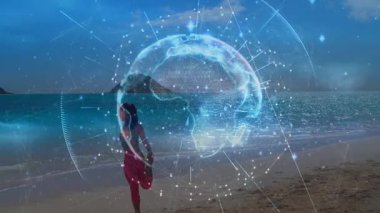 Dışarıda koşan kadın ve erkek arasındaki bağlantı ağının animasyonu. Dijital arayüz ve teknoloji kavramının dijital olarak oluşturulduğu küresel veri işleme.