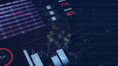 Karton kutunun üzerinde istatistik ve veri işleme animasyonu. Küresel iş finansmanı ve kripto piyasa konsepti dijital olarak oluşturulmuş video.