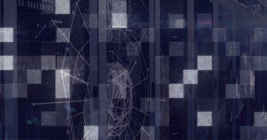 Sunucu rafı, yarı saydam kareler ve düğüm bağlantılarında ağ görselleştirme verileri. Soyut, dijital, geleceksel, teknoloji, bağlantı, veri, siber