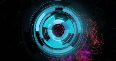 Bölünmüş halkalar ve kırmızı mor parçacıklar ile siyah boşlukta dönen dairesel arayüzü gösterir. Futuristik, teknoloji, yenilik, veri görselleştirme, dijital sanat, siber, soyut