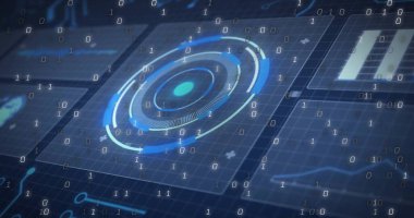 Konsantrik dairesel HUD elementinin dijital gösterge panelinde çift haneli akış gösteriliyor. Teknoloji, veri görselleştirme, fütürizm, kullanıcı arayüzü, siber, yenilik, dijital analitik