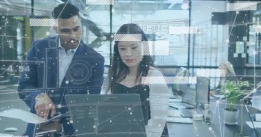 Man pointing laptop referencing data when overlay appearing in business meeting for insights. Corporate, collaboration, data, analytics, technological, professional, modern