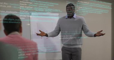 Male presenter initiating business insight gesturing at chart marking bars with code-text overlay. Conference, presentation, data analysis, teamwork, corporate, communication, professional