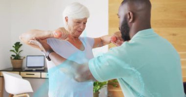 Therapist instructing breathing causing client raising dumbbells overlay tracing correcting form. Rehabilitation, biomechanics, digital, healthcare, wellness, activity, guidance