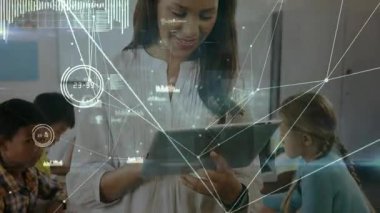 Teacher tapping tablet in classroom mapping network overlays connecting nodes around face. Educator, technology, digital, connection, learning, innovation, modern